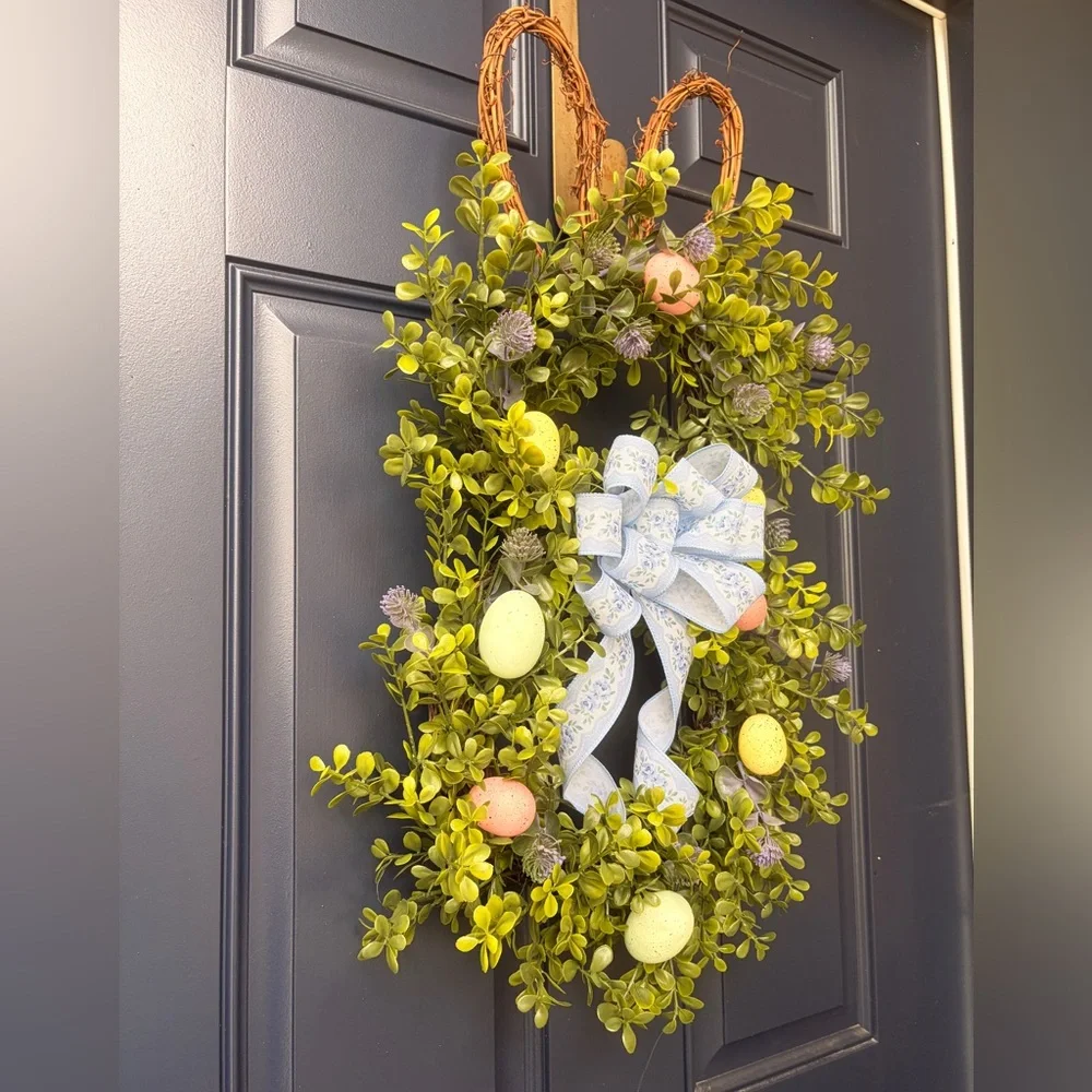Handmade Boxwood Easter Bunny Wreath with Pastel Eggs and Blue Bow 28” x 13”